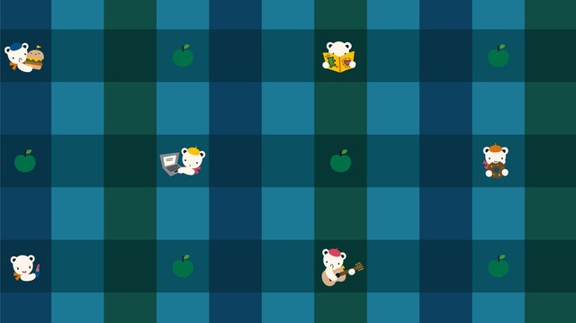 【LeSportsac×familiar】青系ファミリアチェックに、日常の様々なシーンを楽しむクマちゃんを描いたオリジナル総柄プリント。全アイテムの内生地に使用！