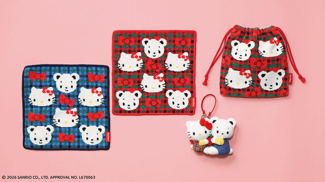 【familiar×ハローキティ】タオルハンカチ　3,630円（税込）／巾着　8,800円（税込）／マスコットチャーム　7,150円（税込）