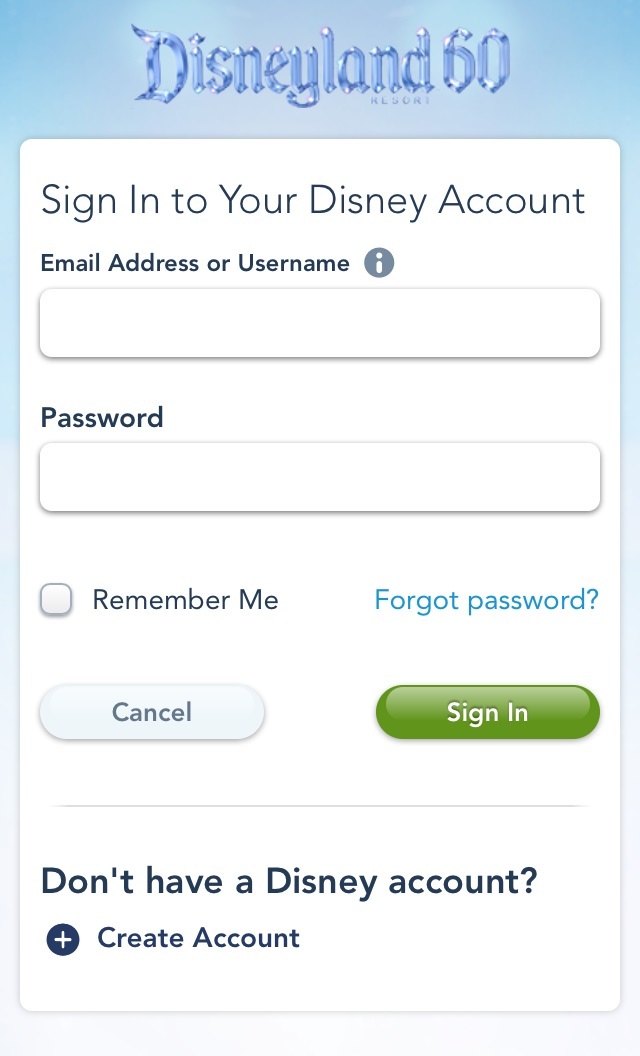 ディズニー・アカウントのログイン画面。アカウントの登録は、下にある「Create Account」をタップすればよい。
