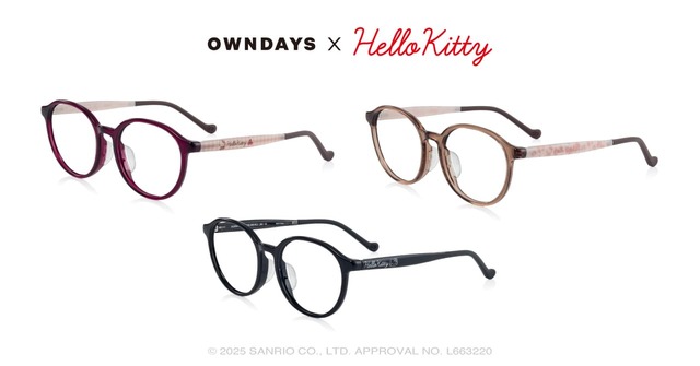【OWNDAYS ×ハローキティ】「まったり model」¥10,000/テンプルにはカントリー・コギャル・モノトーン(オンラインストア限定)をイメージしたカラーごとのプリント