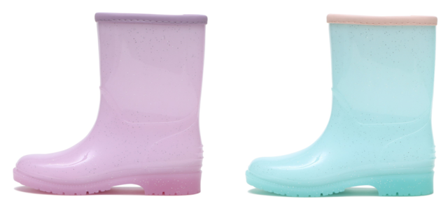 KIDS【HAWKINS】RAIN BOOTS  カラー（左から）：PINK LAME、MINT LAME  金額：￥2,090 （税込）  サイズ：15cm〜21cm（1cm刻み）