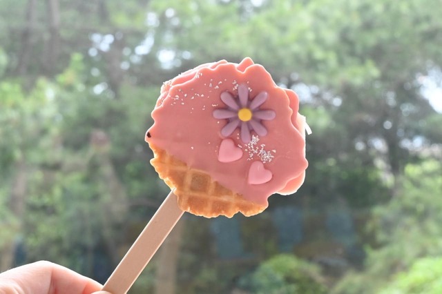 【ヒルトン東京ベイ「BON DANCE」】「うちワッフル クランベリーとミルクチョコレート」、ロリポップのように手で持って写真を撮るとかわいいですよ、とおすすめしてもらいました！