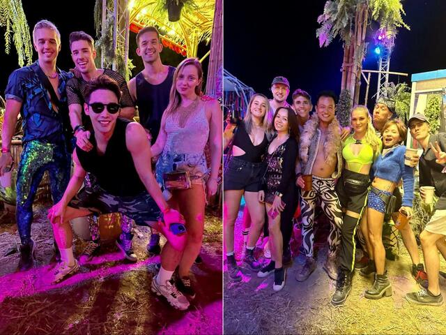 友達同士でネオンカラーやスパンコールを使った派手かわなファッションは定番