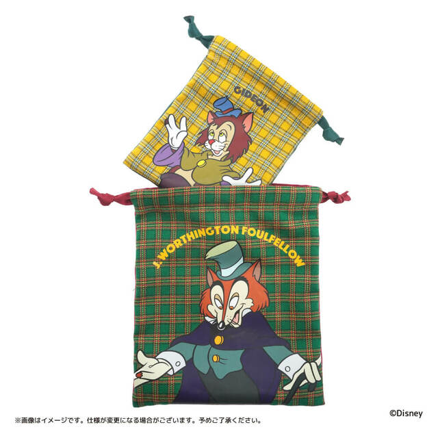 巾着セット 1,980円｜『ピノキオ』ギデオン＆ファウルフェロー｜キデイランド猫の日ディズニーグッズ