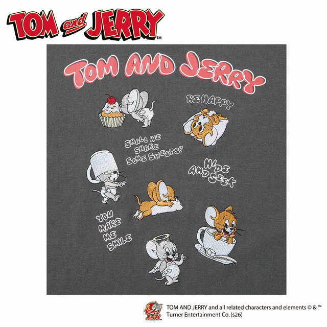 【トムとジェリー】バックにジェリーとタフィーのイラストの刺繍をあしらったTシャツ