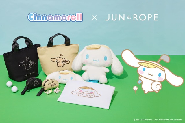 【JUN＆ROPÉ×シナモロール】サンバイザーをつけたり、ゴルフクラブを持ったシナモロールのオリジナルイラストで制作したコラボアイテム