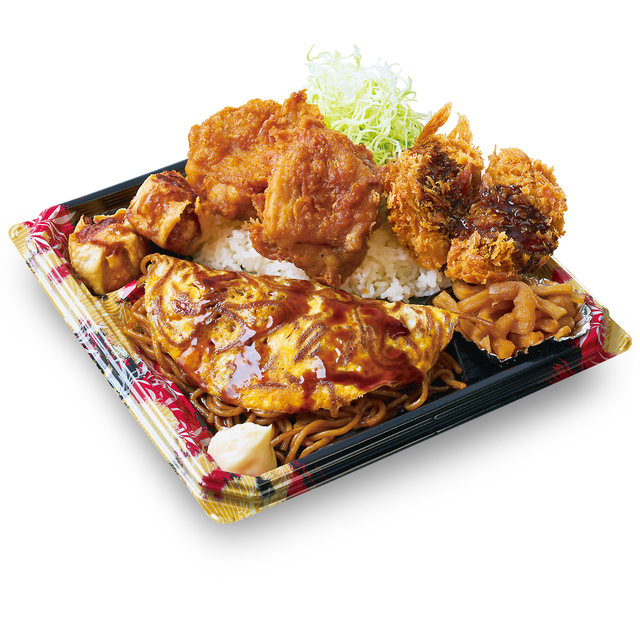 オム焼きそばとから揚げ・メンチカツのソースカツ弁当