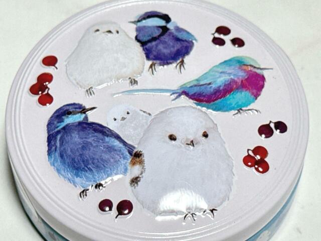 【カルディ ホリデークッキー缶　シマエナガとムシクイ柄】シマエナガと、色鮮やかなムシクイの写実的な絵柄入り♪