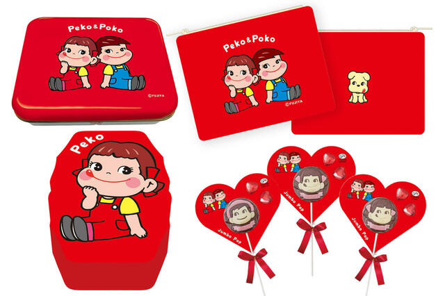 レトロイラストのチョコレート商品も。画像左上から時計回りに、「ペコポコチョコ缶」　税込990円「ペコポコチョコポーチギフト」　税込1,210円「ペコちゃんジャンボポップチョコ」　各税込500円「ペコちゃんハートクッキーBOX」　税込690円