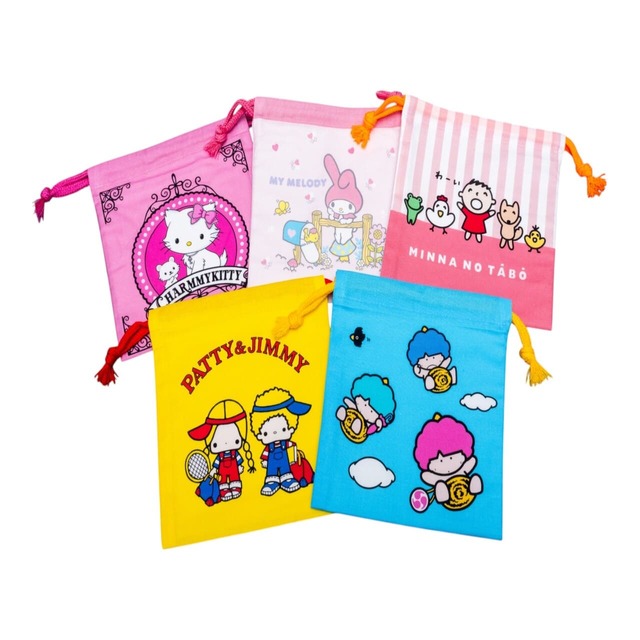 【サンリオ】「KBB21　  サンリオキャラクターズB ブラインド 巾着M 単品」各1,155円／「マイメロディ」「パティ＆ジミー」「ゴロピカドン」「チャーミーキティ」「みんなのたあ坊」＋シークレット1種