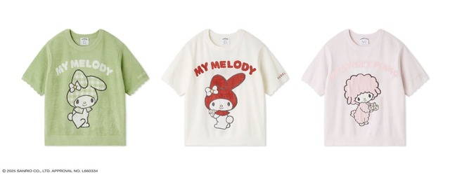 【MY MELODY】ニットプルオーバー／アイボリーはブーケを持った赤いずきん姿、トレンド感のあるミントはギンガムチェック柄のずきんを被ったマイメロディ、淡いベビーピンクはブーケを持ったマイスウィートピアノ