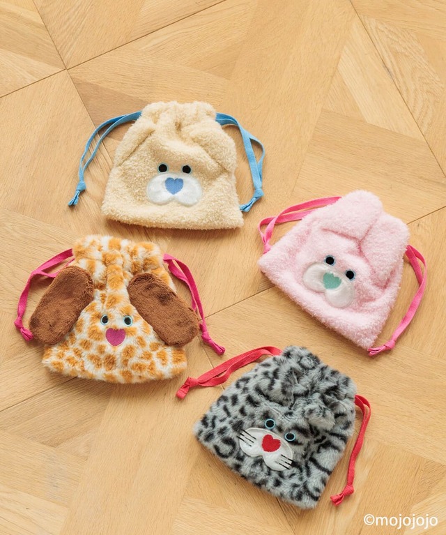 【LOWRYS FARM×mojojojo】「【mojojojo】／ヌイキンチャクポーチ」2,090円／絞りの紐は綿素材で、キャラクターの鼻の配色と同色にしているのもポイント