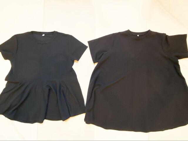 【cocaエンボス切り替えフレアトップス 】新作のフレアトップス（左）と、同シリーズのエンボスTシャツ。フレアトップスはタイトめな作りであることがよくわかります