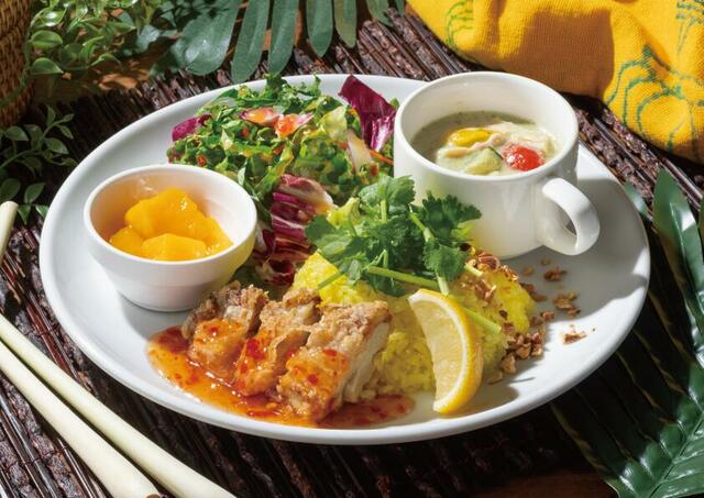 「エダジュン監修 アジアン風フライドチキン＆グリーンカレープレート」＜価格：1,091円（税込1,200円）＞【【ガスト】夏バテ知らず！パクチー盛り盛り「エダジュン監修アジアンメニュー」＆ボリューム満点「ゴーゴーガストカレー」が登場！】