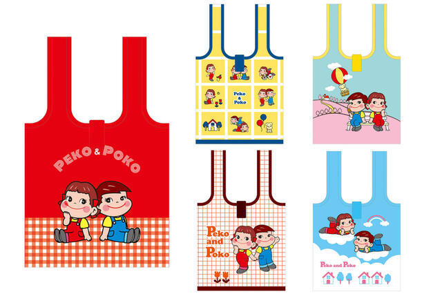 「ペコちゃんレトロモダンエコバッグ」＜全5種ランダム＞ニューレトロなデザインがかわいい！ どれが出るかはお楽しみ！ゴムバンド付き。