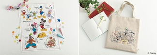 【左：ステッチクロス＜ミッキー&フレンズ＞】材料セット価格：5,060円（税込）　完成サイズ：約60×47cm【右：フラットバッグ＜ミッキー&フレンズ＞】材料セット価格：4,620円（税込）　完成サイズ：約33×30cm