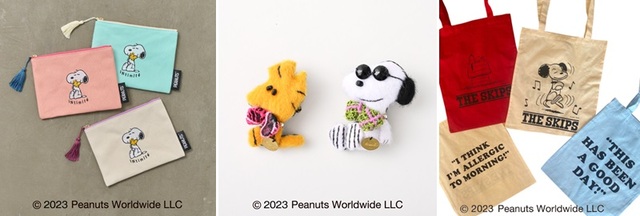 左：【銀座三越限定】＜iNtimitē＞ ポーチ 各4,950円（全3色/本体：約Ｗ19×Ｈ14cm）※店頭販売期間：7月26日（水）から　　中央：【銀座三越限定】＜DEMODEE＞ ブローチ 各8,800円 （全2種/スヌーピー：約Ｗ5×Ｈ7cm、ウッドストック：約Ｗ4.5cm×Ｈ6.5cm） 右： 【銀座三越限定】＜The Skips＞ トートバッグ 各3,850円 （全4種/本体：約Ｗ33×Ｈ39cm） ■本館3階 ル プレイス　　© 2023 Peanuts Worldwide LLC