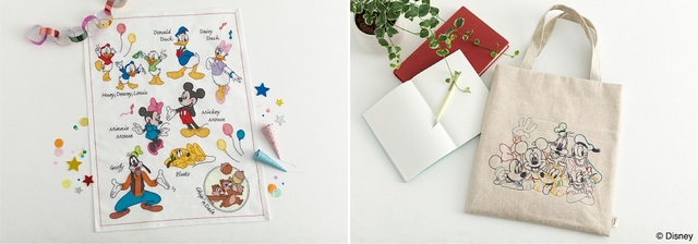 【左：ステッチクロス＜ミッキー&フレンズ＞】材料セット価格：5,060円（税込）　完成サイズ：約60×47cm【右：フラットバッグ＜ミッキー&フレンズ＞】材料セット価格：4,620円（税込）　完成サイズ：約33×30cm