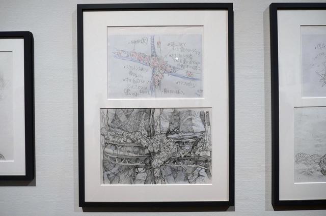 第3章「挑戦、或いは逃避」展示風景。（上）庵野秀明　シン・ゴジラ ラフイメージ　（下）前田真宏　シン・ゴジラ　コンセプトアート