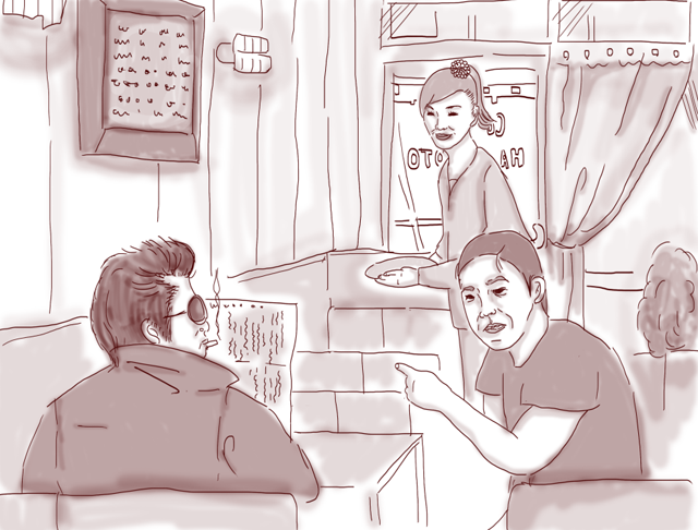 サヨコ（松田美由紀）の切り盛りするマツモト（ドラマ再現イラスト：ナリタノゾミ）