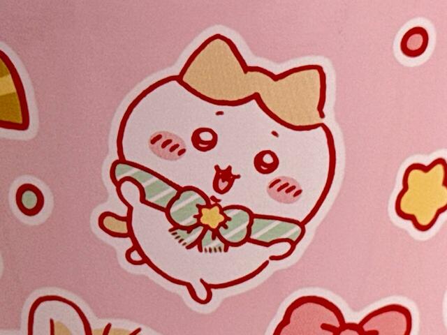 ハチワレはラッコとお揃い風のマフラー。先端がフリンジになっているのが異なるポイント！