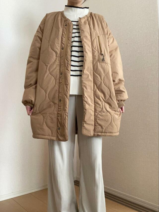 【ワークマン レディース防風撥水ストレッチキルティングコート】ボーダーデザインの服もすっきりと着こなせます♪