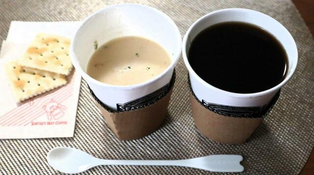 【シアトルズベストコーヒー クラムチャウダーセット】クラッカーとドリンクが付く