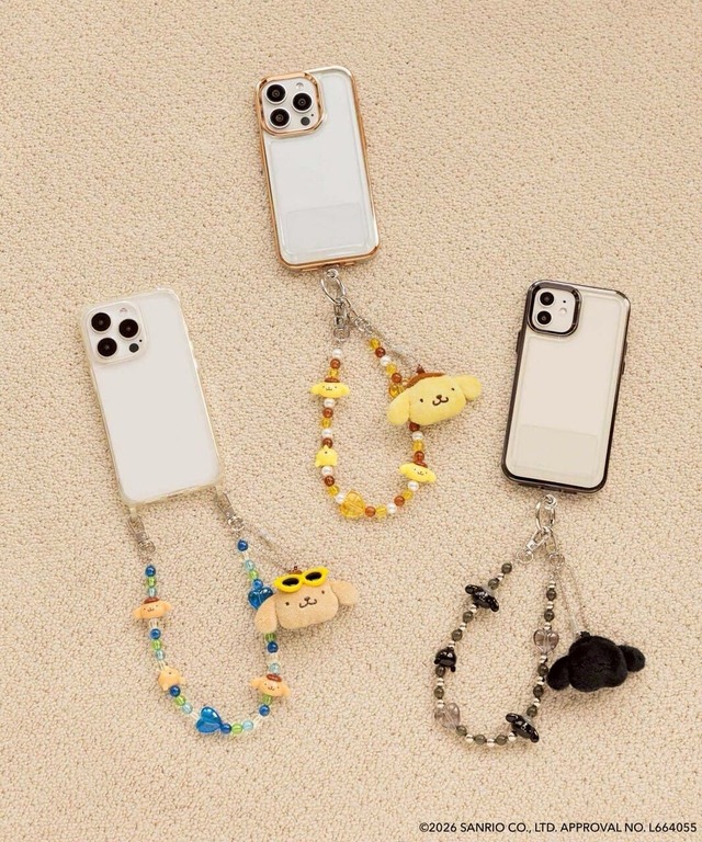 【ポムポムプリン×LOWRYS FARM】「フェイスキーチャーム付きハンドルストラップ」2,890円／カラー展開:ブラック・日焼け・スタンダード