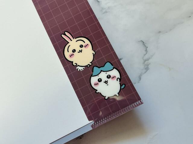 後ろのノートのカバーの開いたところにはハチワレとうさぎがいます！