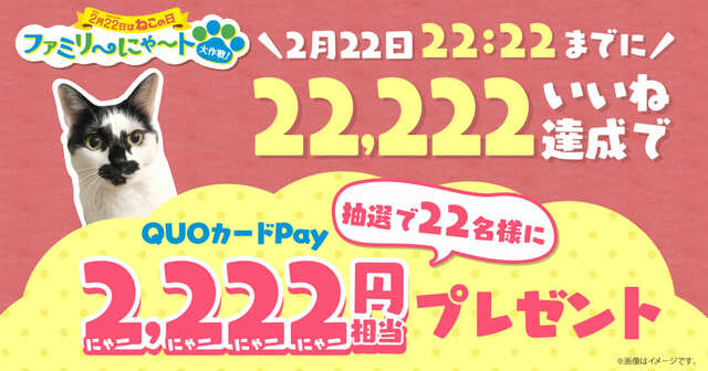 【「ファミリ〜にゃ〜ト大作戦！」】22,222いいね達成で、2,222円相当の「QUOカードPAY」が当たるXキャンペーン