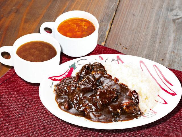 「黒カレー、ライス、スープ」【トマオニの「ステーキ＆ハンバーグ食べ放題」】