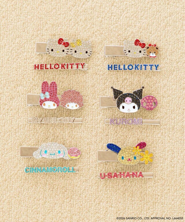 【LOWRYS FARM×サンリオキャラクターズ】キラキラSETヘアピン／各1,490 円（税込）カラー展開:ハローキティ×タイニーチャム、ハローキティ×ミミィ、シナモロール、マイメロディ、クロミ、ウサハナ