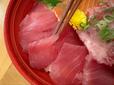 【ロピア 日本橋魚萬 三色丼B】箸で持ち上げてみると、まぐろの厚みとつやがよく分かりました!