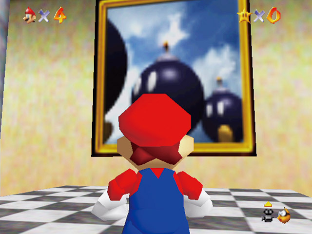 スーパーマリオ64／キノコ城に飾られている絵の中がステージになっていて、飛び込むと冒険が開始される。