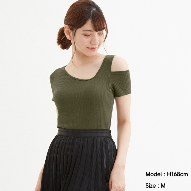 GU／ブラフィールアシンメトリーデザインT(半袖)+E　（KHAKI）