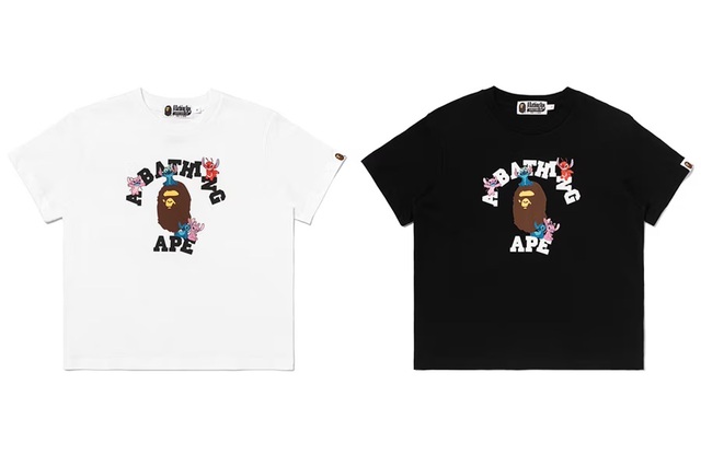 BAPE® X DISNEY STITCH AND FRIENDS COLLEGE MINI TEE COLOR: WHITE, BLACK ￥13,200- (税込)【BAPE® × STITCH】