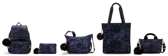 【KIPLING×PEANUTS】（左から）シティジップエス ￥31,350 ／ クリエイティビティエル ￥15,400 ／ ガブエス ￥27,500 ／ メリタエス ￥22,000／ リタミニ ￥17,600 （カラー名はすべてウェイトレススター）