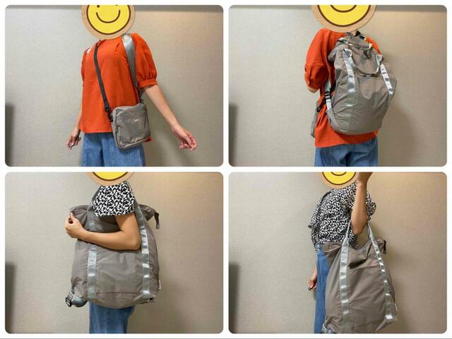 【アネログランデ　ショルダーバッグ】サイズはタテ43cm×ヨコ43cm×マチ14cm。リュックとして背負うだけでなくトートバッグとして持つことも可能です