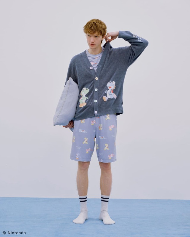 【スーパーマリオ】【メンズ】 キノピオ＆ヨッシーTシャツ ネイビー　￥5,940、【スーパーマリオ】【メンズ】 キノピオ＆ヨッシーハーフパンツ ネイビー　￥6,380／それぞれクリーム色のキノピオデザインも！