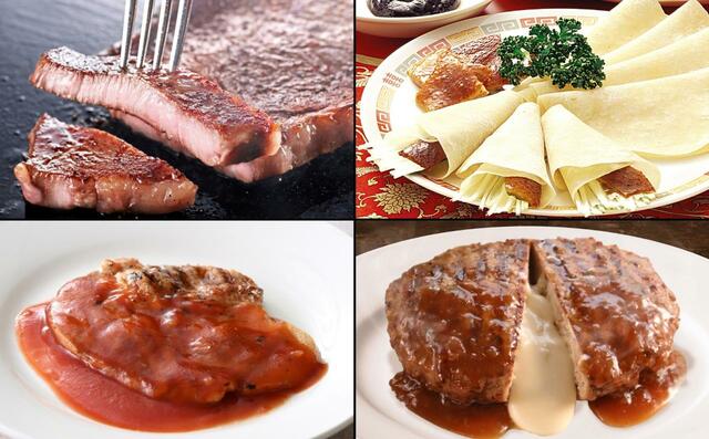 3種の『グリルメニュー（ビーフステーキ/チーズインハンバーグ/ポークグリル　バーベキューソース）』と、肉厚ジューシーな『北京ダック』も食べ放題