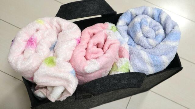 【無印良品 持ち運べるフェルトファイルボックス・ワイド】バスタオルは3枚入りました。ひとり暮らし用ストックの基準量としてもちょうど良さそうです