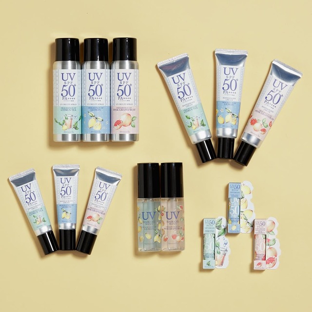 UVマルチスプレー 各¥1,980、UVクリームL 各¥1,980、UVクリームS 各¥1,430、UVヘアオイルミスト 各¥1,980、UVリップ 各¥1,430