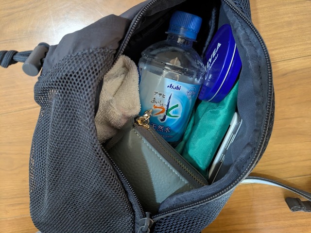【GU　スリングショルダーバッグ】600mlのペットボトル、財布、エコバッグ、スマホなど普段持ち歩くアイテムを全部入れてもまだ余裕がありました！