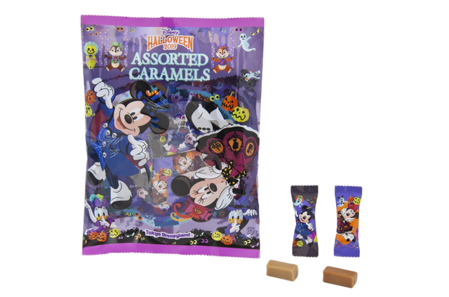 キャラメル 600円｜縦約23×横約17cm｜【内容量】195g モンブラン風味 標準22粒、ミルク 標準22粒｜東京ディズニーリゾート「ディズニー・ハロウィーン」2019 スペシャルグッズ｜販売店舗：東京ディズニーランド「ワールドバザール・コンフェクショナリー」