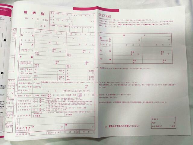 ピンクの婚姻届けがついてきます