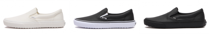 UNISEX【VANS】SLIP ON COATED  カラー（左から） ：SNOW WHITE、BLACK/WHITE、BLACK/BLACK  金額：￥9,350（税込）  サイズ：4(22cm) ～10H(28.5cm) ※0.5cm刻み、11(29cm) 、12(30cm)