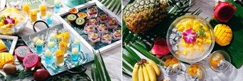 （左）夏にぴったりな涼やかでひんやりガラススイーツ（右）パイナップル、マンゴーやドラゴンフルーツがたっぷり入った色鮮やかなピオカ入りのスープ【トロピカルフルーツシャワー スイーツブッフェ】