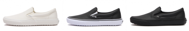 UNISEX【VANS】SLIP ON COATED カラー(左から) :SNOW WHITE、BLACK/WHITE、BLACK/BLACK 金額:¥9,350(税込) サイズ:4(22cm) ~10H(28.5cm) ※0.5cm刻み、11(29cm) 、12(30cm)