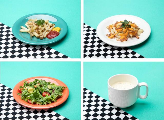 「TRUZカフェ～DINER～」A,フライドポテトセット 550円、B,チーズ＆ベーコンポテトセット 770円、C,サラダセット 550円、D,クラムチャウダーセット 550円（税込）