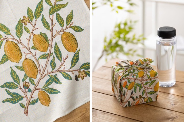 【Jubilee リネン100%ハンカチ ウィリアム・モリス柄】白地に爽やかなレモンのイエローが映えるデザイン